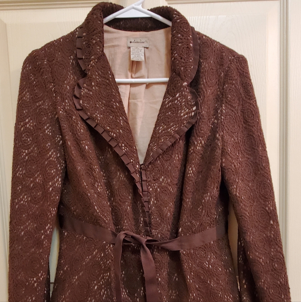 Elevenses brown crochet ribbon tie front jacket